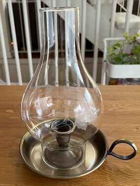 Princess House Antique Brass Chamberstick w/Heritage Etched Crystal Globe #322